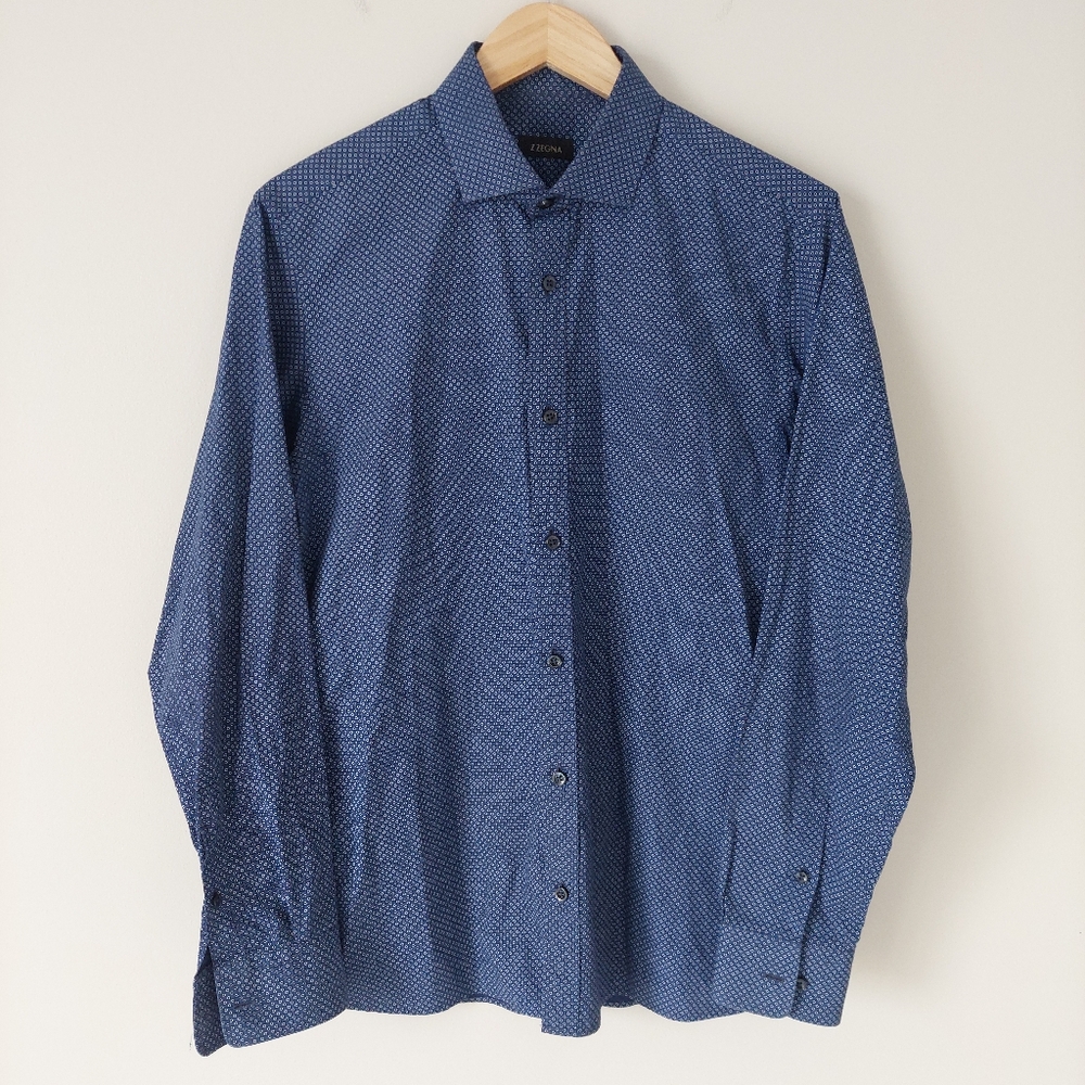 Z ZEGNA Slim Fit Dress Shirt, Men's 41 / 16, Blue / White Circle Pattern, Egypt
